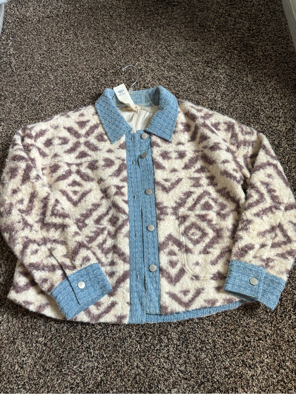 Mystree Cream and Mauve Patterned Wool-Blend Jacket with Blue Trim